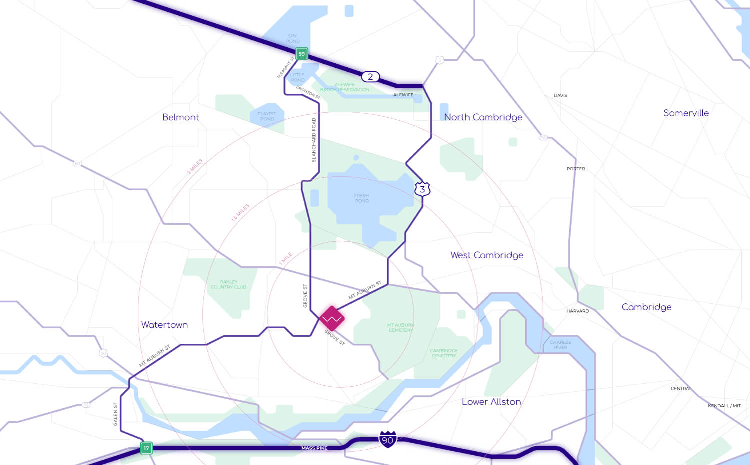 Zoomed-in map focusing on the vicinity of Watertown Exploratory Labs without access details