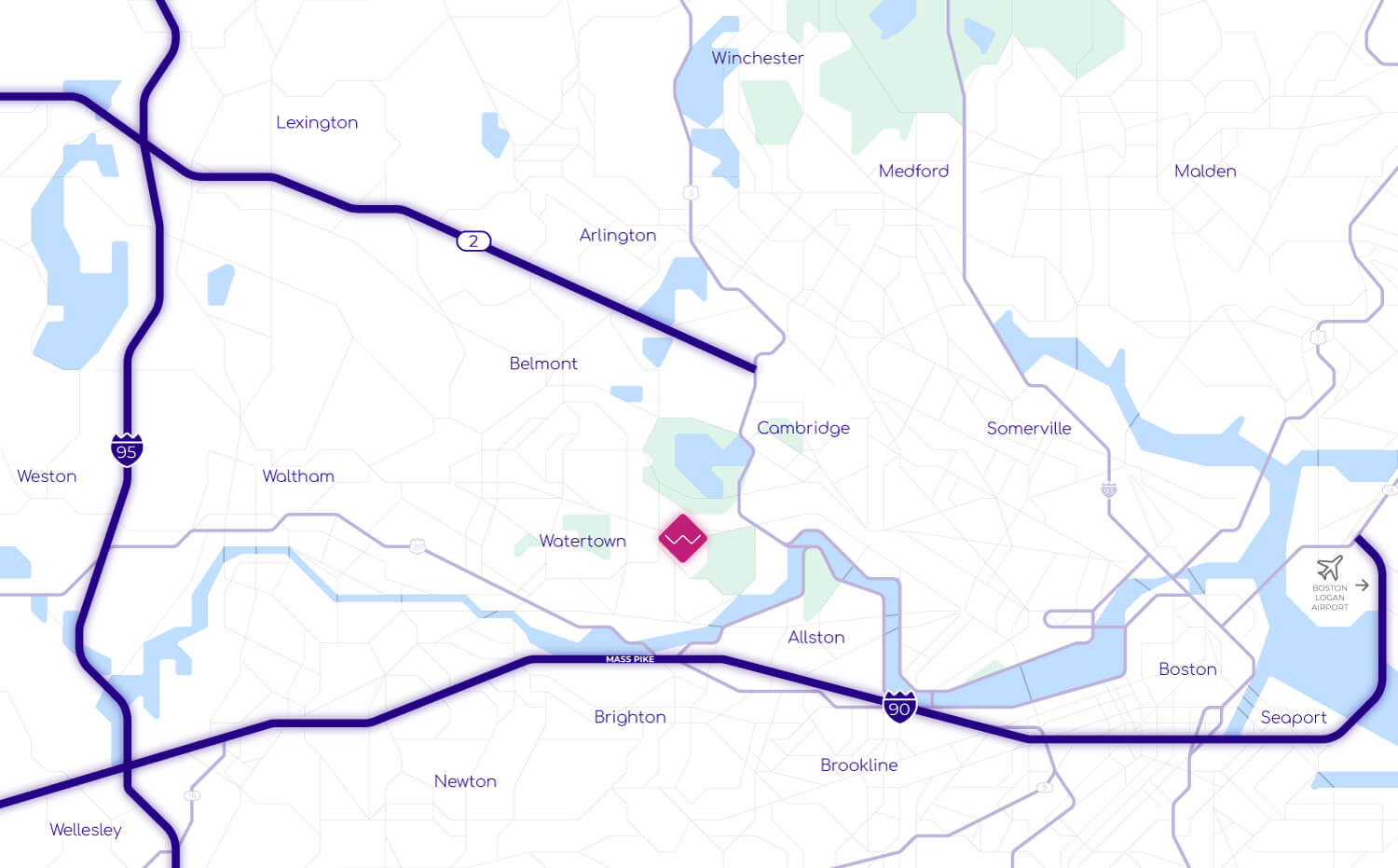 Map displaying broader area around Watertown Exploratory Labs without specific access details