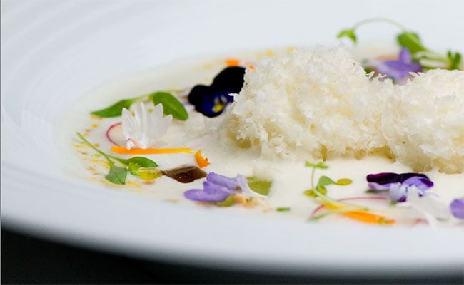 Gourmet dish with creamy sauce, garnished with edible flowers and herbs at La Bodega