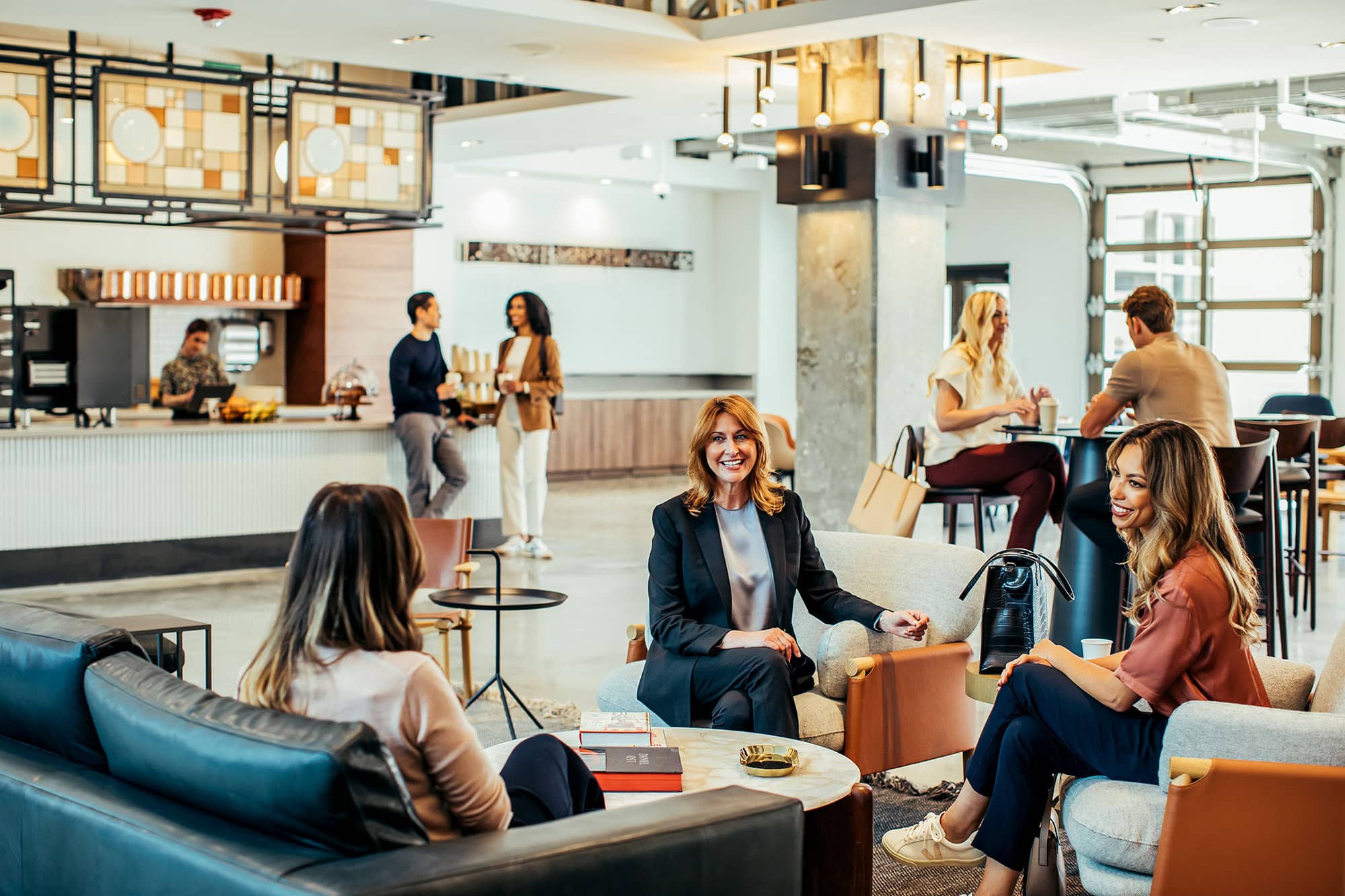 Modern coffee bar lounge where customers enjoy their drinks in a chic and comfortable setting